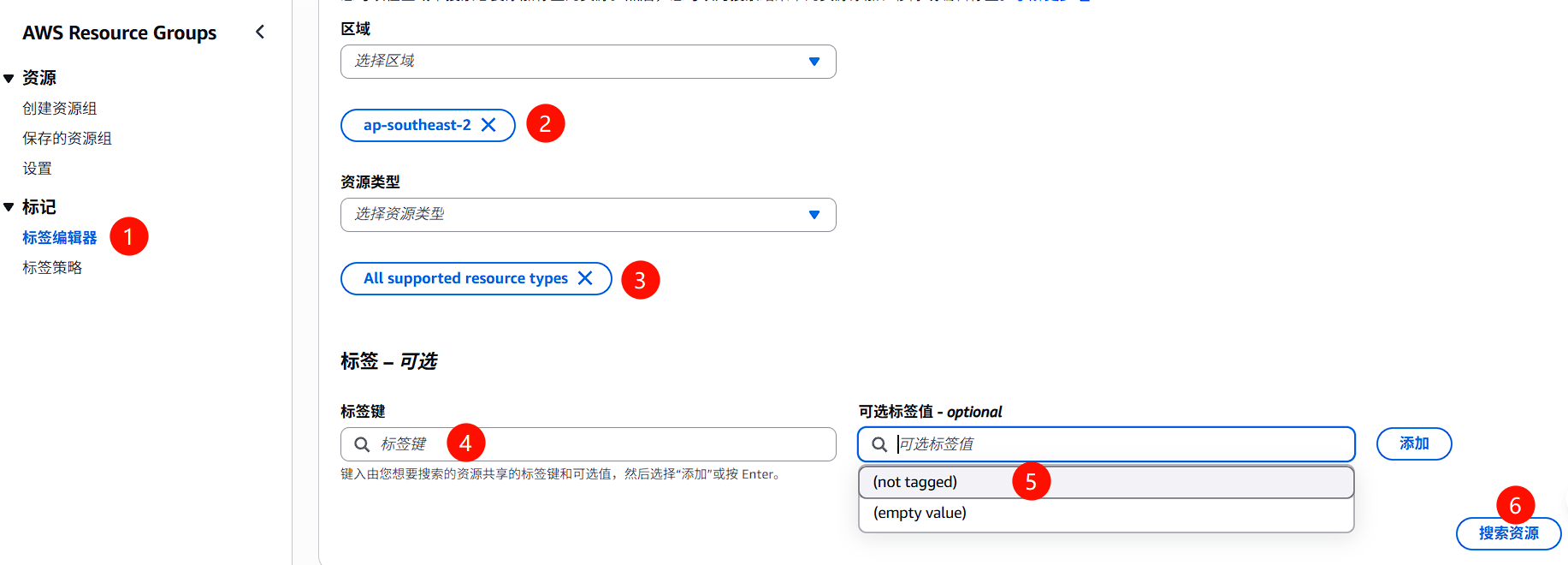 Tag Editor 资源搜索页面，显示区域和资源类型选择器